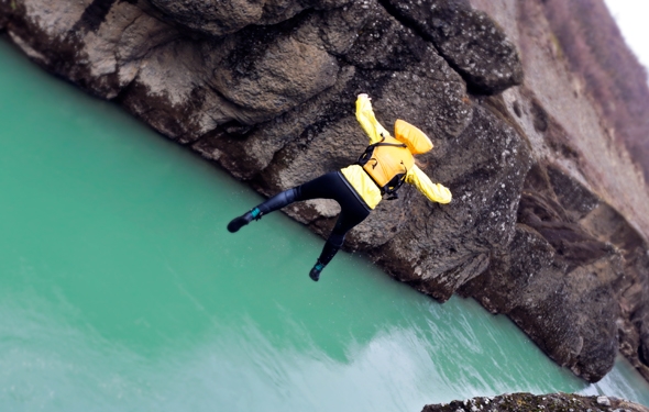 Cliff Jumping while White Water Canoeing on Hvítá River in Iceland