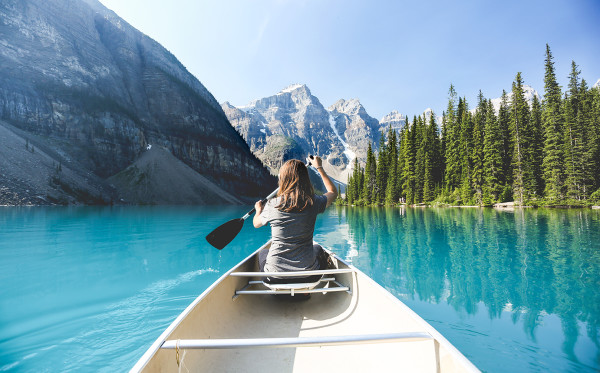 Canoeing at Moraine Lake in Banff National Park, Canada