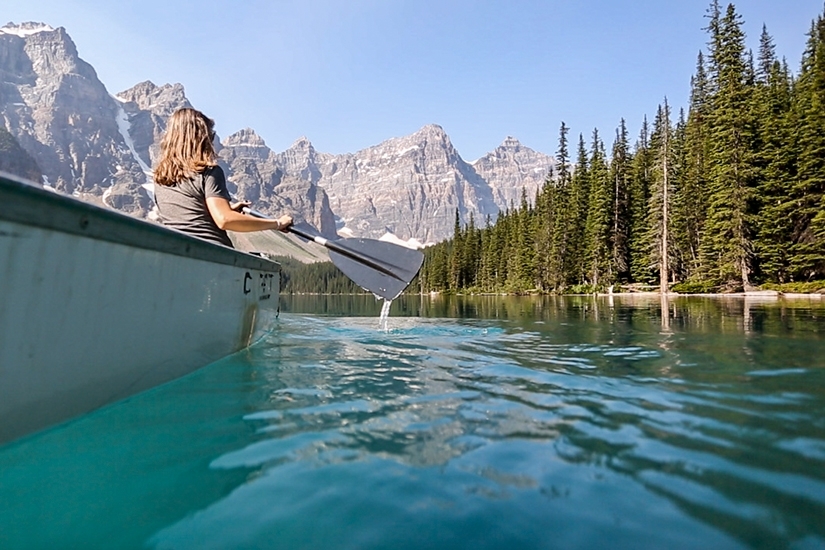 Canoeing at Moraine Lake in Banff National Park, Alberta, Canada